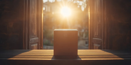 Open Cardboard Box on a Wooden Balcony with Sunlight Shining Brightly, Symbolizing New Opportunitiesの素材