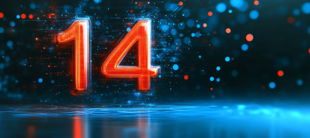 Stunning 3D Digital Number Fourteen, Black and Blue Bokeh Background, Technology and AI Creationの素材