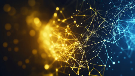 Abstract Technology Background with Interconnected Circles and Dots in Yellow and Blue Gradientsの素材