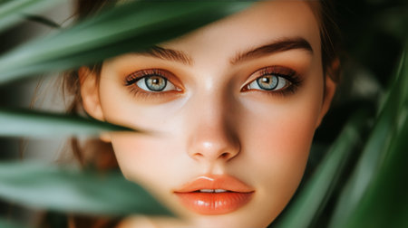 Captivating Beauty Young Woman with Flawless Skin Hiding Behind Lush Green Leaf in Studio Shotの素材