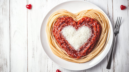 Romantic Heart-Shaped Spaghetti Dish with Tomato Sauce and Parmesan for a Special Celebration Dinnerの素材