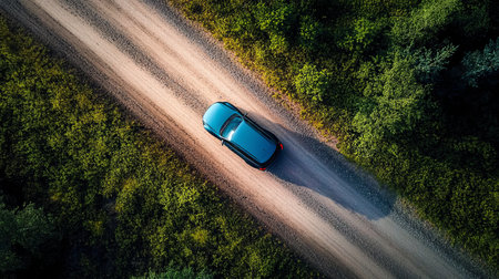 Aerial View of a Modern Car Traveling on a Scenic Finnish Road Surrounded by Lush Green Forestsの素材