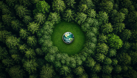 Aerial View of Lush Green Forest Landscape with Globe Emphasizing the Importance of Our Earthの素材