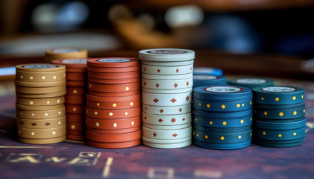 Vibrant and Colorful Poker Chips Stacked on a Game Table Ready for Betting and Gambling Funの素材