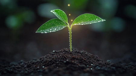 Emergence of a Fragile Seedling Sprouting from Rich Soil, Signifying New Beginnings and Hopeの素材
