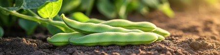 Vibrant green garden with fresh young haricot pods growing in fertile soil, showcasing healthy cropsの素材