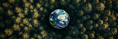 Earth Surrounded by Tree Silhouettes, Ground View Highlighting Protection Against Climate Changeの素材