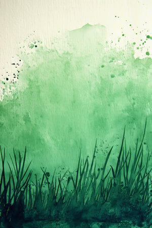 Vibrant Abstract Watercolor Artwork Depicting Spring with Green Hues and Grass Texturesの素材