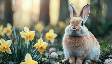 Charming Easter Rabbit Surrounded by Vibrant Daffodils in a Colorful Spring Park Settingの素材