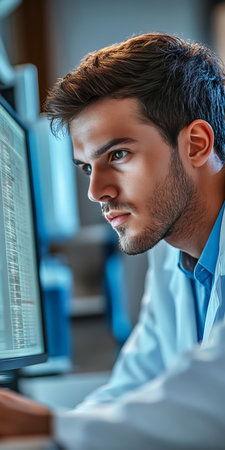 Scientist conducting research in a modern lab, analyzing data for innovative medical breakthroughs.の素材