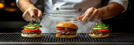 Close Up of a Skilled Chef Preparing Gourmet Burgers on the Grill in a Bustling Restaurant Kitchenの素材