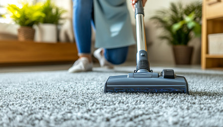 Cozy Gray Carpeted Room with Natural Light Person Vacuuming and Highlighting Indoor Plantsの素材