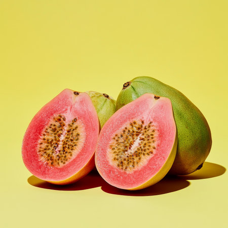 Vibrant Close Up of Fresh Whole and Halved Guavas with Pink Flesh on Soft Yellow Backgroundの素材
