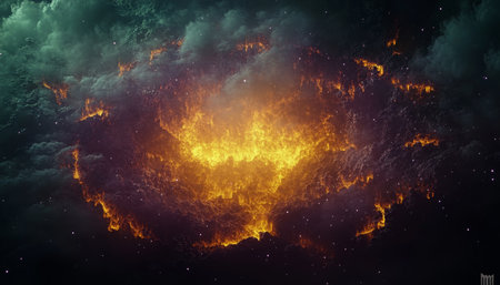 Majestic Cosmic Blaze Unveiling Fiery Nebula Amid Emerald Clouds, Illuminating the Infinite Skyの素材