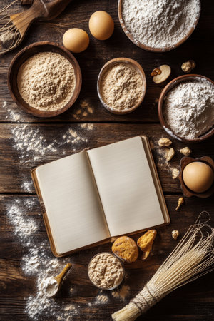 Mockup Flat Lay with Fresh Baking Ingredients and Blank Notebook on Rustic Wooden Backgroundの素材