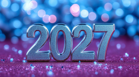 Elegant Celebration of the New Year 2027 with Polished Silver Digits Against a Burgundy Backgroundの素材