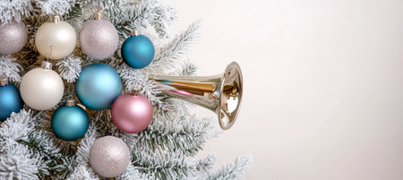 A Winter Scene with a Silver Trumpet on a Snowy Christmas Tree with Colorful Ornamentsの素材