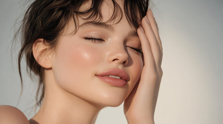 Charming young woman beauty portrait with perfect complexion, showcasing her natural elegance.の素材