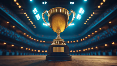 Captivating Golden Trophy Displayed in a Vast Stadium Under Bright Illuminations Celebrating Successの素材