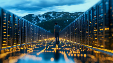 Vast Data Center with Rows of Servers Illuminated by LED Lights, Showcasing Modern Computing Powerの素材