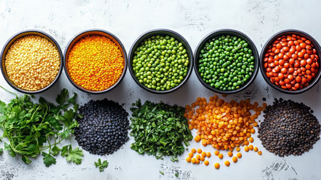 A Colorful Display of Various Grains, Pulses, and Dry Herbs for Healthy Vegan Cooking Inspirationの素材