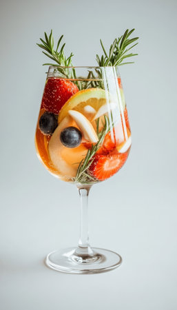 Refreshing and Colorful Fruit Cocktail in Clear Wine Glass with Seasonal Ingredients and Garnishesの素材