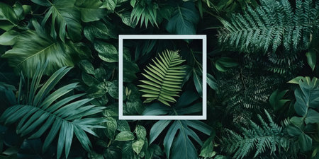 Lush Tropical Foliage Display Featuring Fern Leaves in a White Frame for Serene Home Decorの素材