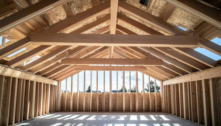 A Construction Site Showcasing the Structural Integrity of a Wood Frame Building in Progressの素材