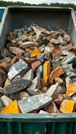 Debris Pile of Broken Ceramics, Tiles, and Stone in Reusable Construction Waste Recycling Containerの素材
