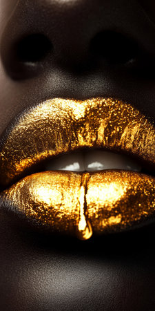 Close Up Shot of an Elegant African American Woman with Stunning Golden Lips and Creative Artの素材
