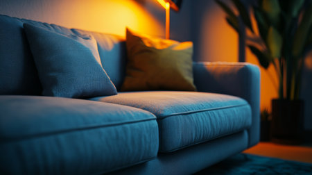 Stylish contemporary living area featuring a cozy sofa, cushions, and warm lighting for relaxation.の素材