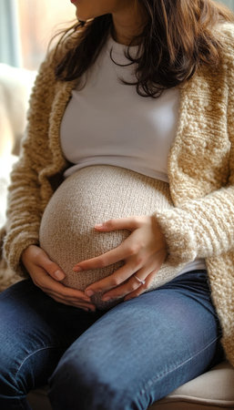 Beautiful Radiant Pregnancy Journey in Third Trimester, Loving Touch on Swollen Belly at Homeの素材