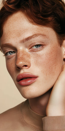 Captivating Close-Up Portrait of a Freckled Man Against a Soft Pastel Background, Radiating Serenityの素材