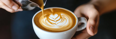 Creating Beautiful Latte Art Hot Creamy Beverage in a White Mug with Handle at Cozy Cafeの素材