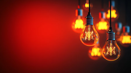 Elegant Set of Glowing Edison Bulbs Suspended on Red Cables with Vintage Incandescent Lamp Designの素材
