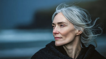 Older woman with flowing grey hair enjoys serene coastal views, embracing peace and beauty.の素材