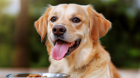 Golden Retriever Joyfully Eating from Metal Food Bowl Surrounded by Delicious Brown Dry Bitsの素材