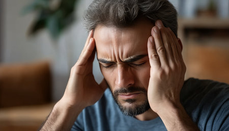 Stressed individual feeling desperate and suffering greatly, gripping temples with health distressの素材