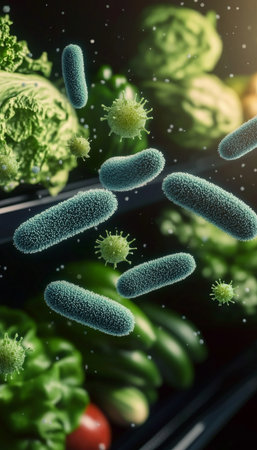 Unseen Hygiene Risks Focus on Microscopic Bacteria Surrounding Fresh Vegetables in Grocery Storeの素材