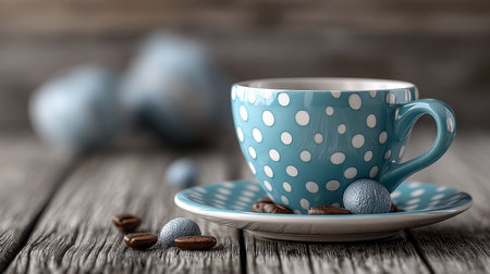 Blue Cup with White Polka Dots on a Textured Wooden Table Surrounded by Coffee Beans and Spicesの素材