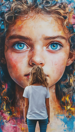 A young girl admires a colorful mural of a child with captivating blue eyes on a city wall.の素材