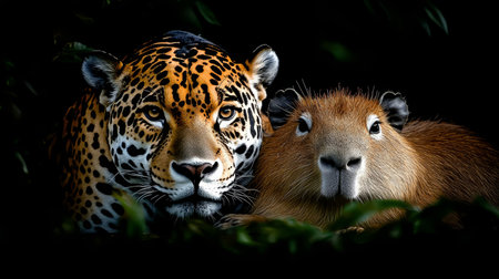 Jaguar and Capybara in Harmony A Stunning Wildlife Encounter Captured in the Heart of the Amazonの素材