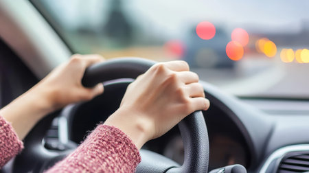 Driver s Hands on Steering Wheel Navigating Blurred Urban Lights at Night During Winter Commuteの素材