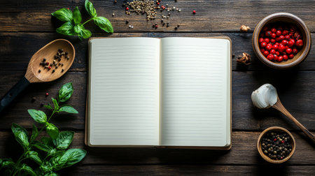 Blank cooking notebook surrounded by fresh organic ingredients, herbs, spices, and red berriesの素材