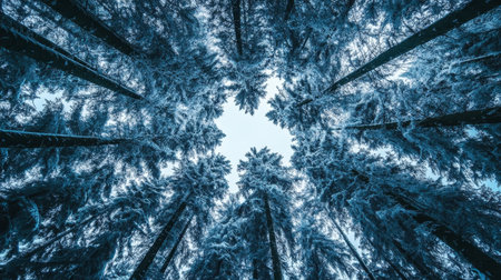 Majestic Snow-Covered Trees Towering in a Serene Winter Wonderland of a Quiet Snowy Forest Landscapeの素材