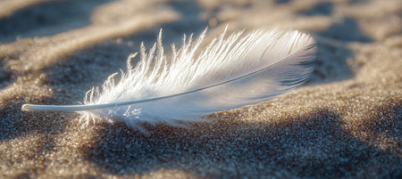 Serene White Feather Gracefully Resting on Soft Golden Sand, Capturing Nature s Beauty and Calmnessの素材