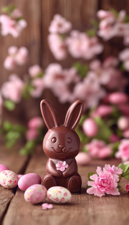 Charming Chocolate Bunny Surrounded by Spring Flowers on a Festive Tabletop for Easter Celebrationの素材
