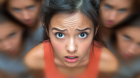 Isolated Woman Stares at Out-of-Focus People, Reflecting Intense Feelings of Social Anxietyの素材