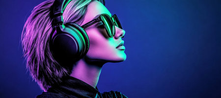 Stylish Person in Headphones and Sunglasses Surrounded by Neon Lights, Capturing the Music Vibeの素材