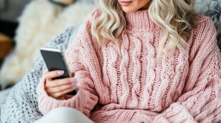Woman with Long Blonde Hair Relaxing in Cozy Sweater While Shopping on Mobile Device Outdoorsの素材